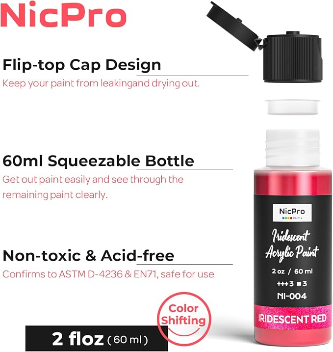 Nicpro 20 Colors Iridescent Acrylic Paint Set, 2 oz/60 ml Chameleon Metallic - Image 3
