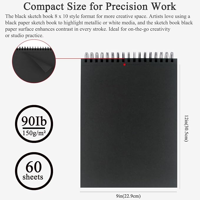 Fuxi Black Paper Sketchbook 8"×10", 60 Sheets Double-Sided Hard Cover, Spiral - Image 2