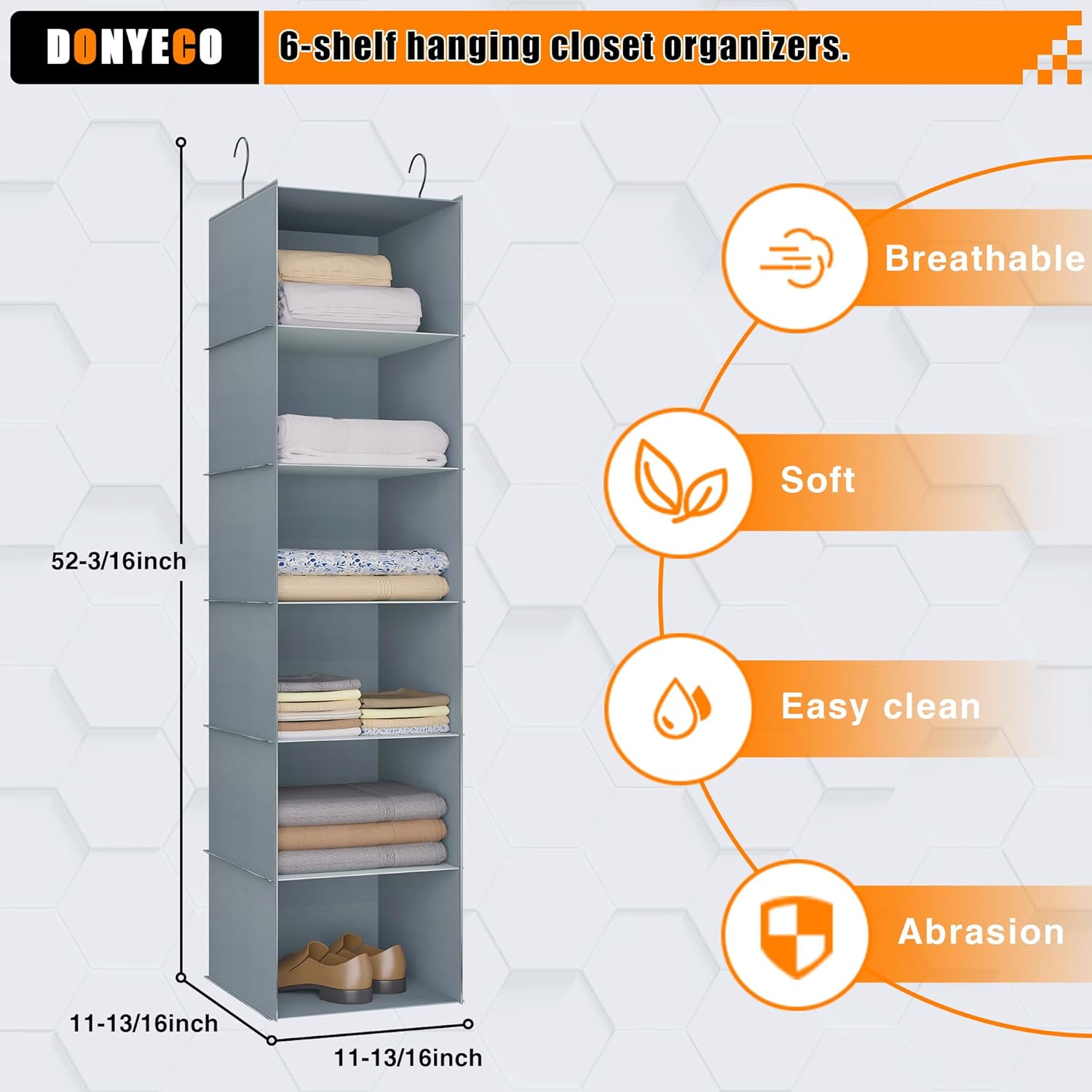 Hanging Closet Organizer and Storage 6-Shelf, Easy Mount Foldable Hanging Closet Wardrobe Shelves, Clothes Handbag Shoes Accessories Storage, Washable Oxford Cloth Fabric, Grey