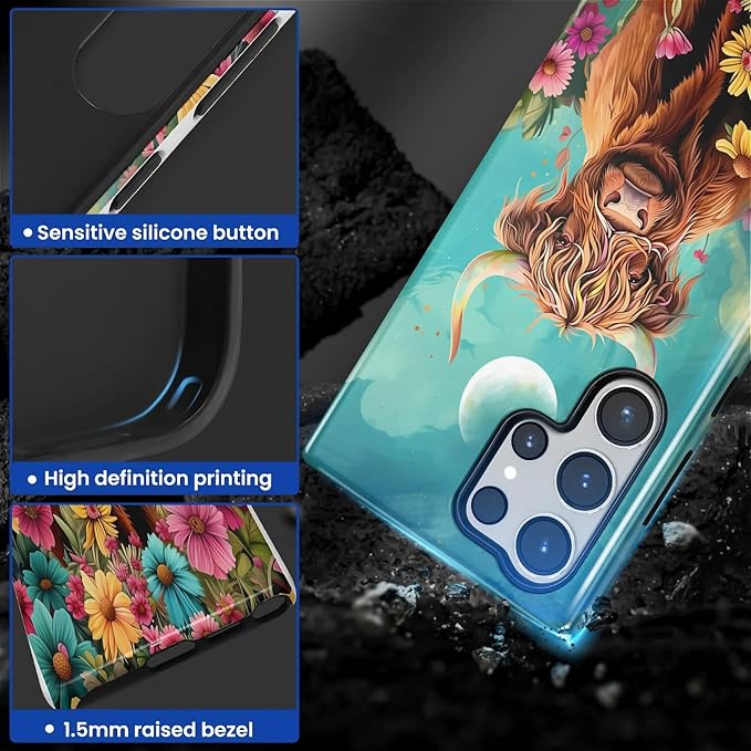 for Samsung Galaxy S23 Ultra Case, Highland Cow Flower Pattern Glossy 2 in 1 - Image 3