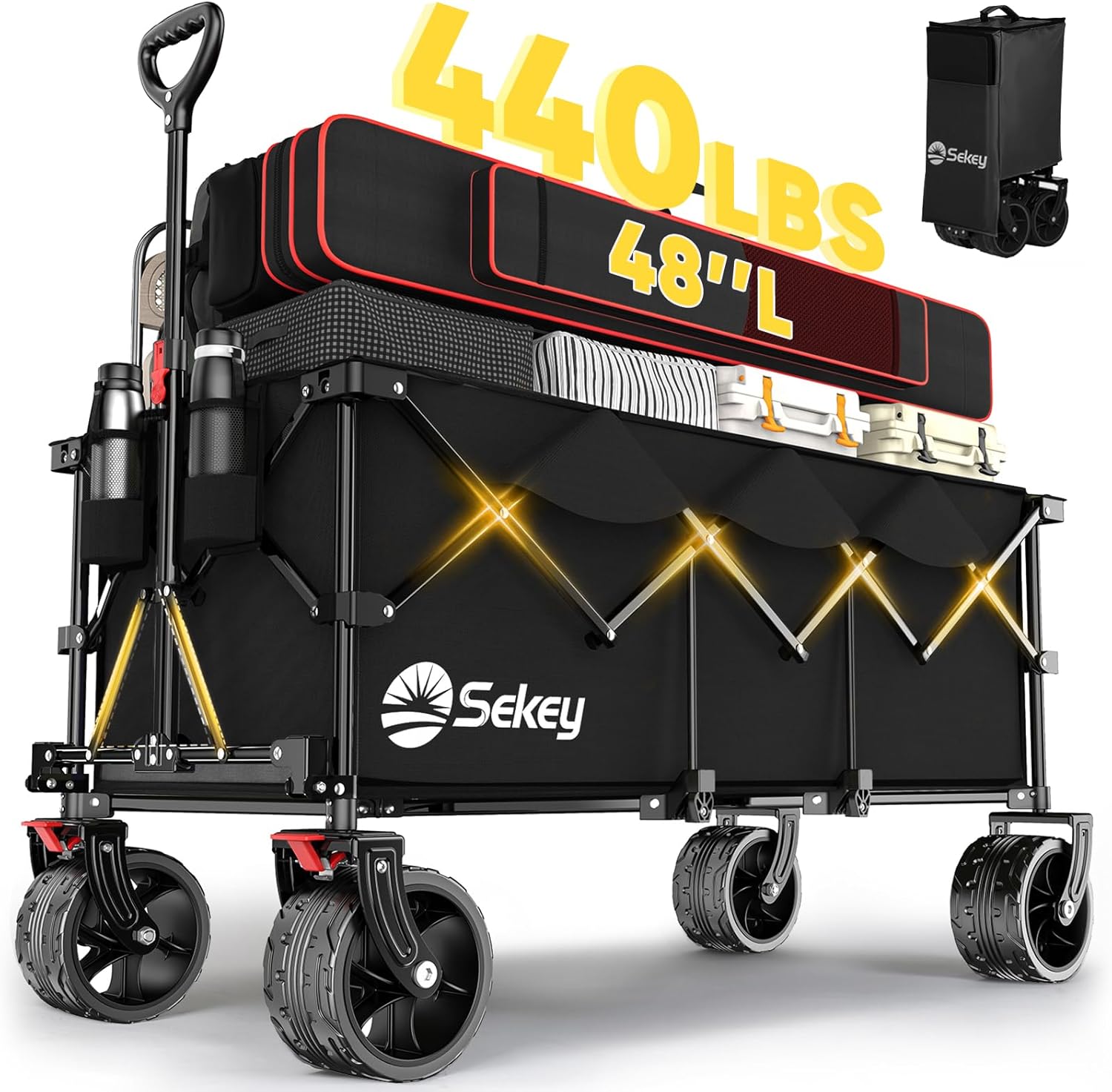 Sekey 48''L Collapsible Foldable Extended Wagon with 440lbs Weight Capacity, Heavy Duty 300L Folding Utility Garden Cart with Big All-Terrain Beach Wheels & Drink Holders. Black