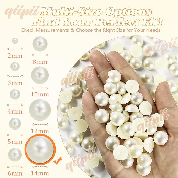 qiipii 70PCS 14mm Beige White Round Half Round Pearls - Image 3