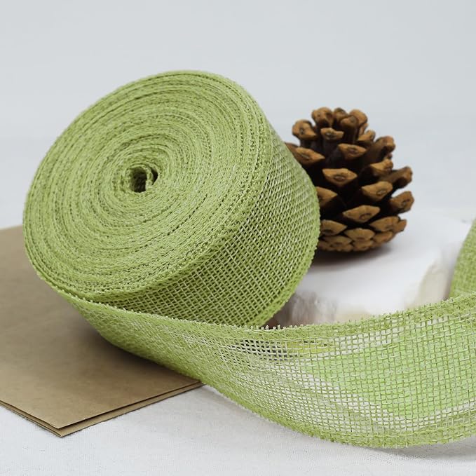 Sage Green Burlap Ribbon 1-1/2 inch X 10 Yard Green Wired Ribbon | Natural - Image 3