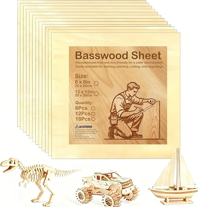 Basswood Plywood Sheets, 8 x 8 in, 3 mm, 12 Pack | Smooth unfinished wood by Unknown