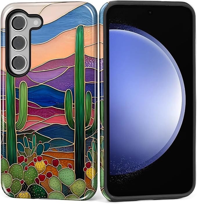 for Samsung Galaxy S23 Plus Case, Stained Glass Cactus Pattern Glossy 2 in 1 by Teonvpu