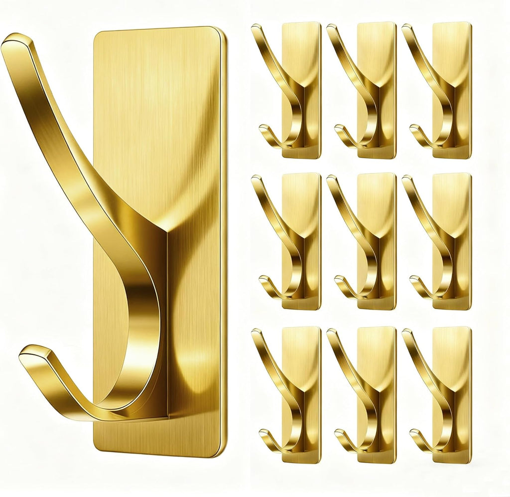 10 Pack Self Adhesive Coat Hooks for Hanging, Heavy Duty Stainless Double Wall Hook for Towel, Backpack, Hat, Sturdy Metal Hanger for Bathroom, Bedroom, Door, Wall Mounted, Brushed Gold