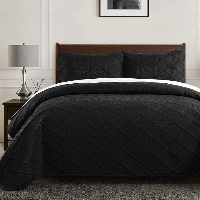 Yiran Black Quilt Set King Size Bedding Set Fall Bedspreads Embossed Diamond by Yiran