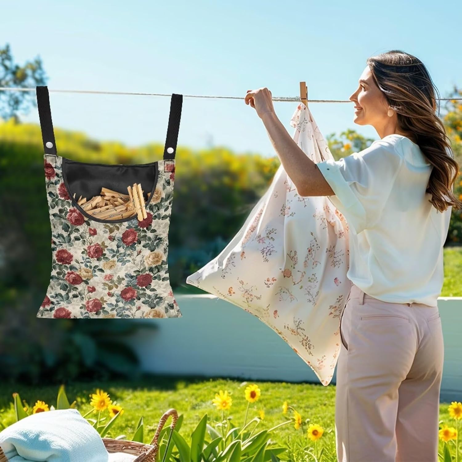 2 Pcs Rose Clothespin Laundry Bag, Clothes Lines for Clothes Outside, Hanging Storage Organizer with Hanging Rope for Home Outdoor