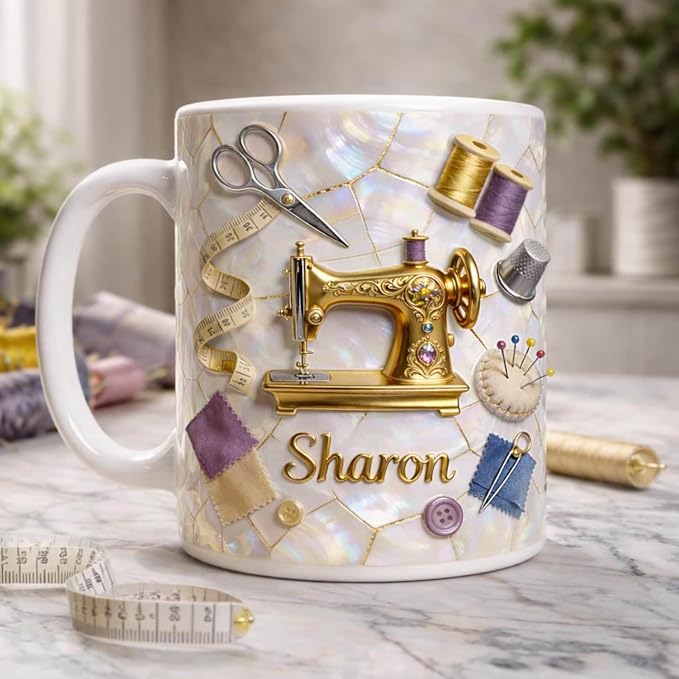 Personalized Sewing Mug with Name, Custom Seamstress Coffee Cup, Tailor Gift by Custom