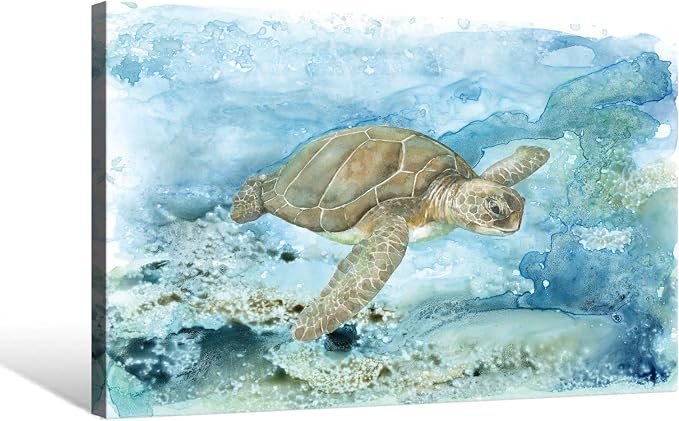 Sea Turtle Bathroom Wall Decor Modern Ocean Theme Nautical Painting Watercolor - Image 2