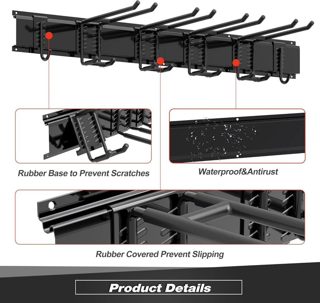 Garage Tool Storage Rack, Heavy Duty Garage Storage Organizer Rack System Wall Mounted Tool with 6 double hooks, 2 rails, Garden Yard Tools Hanger Rack for Ski Gears, Broom, Rake,Shovel