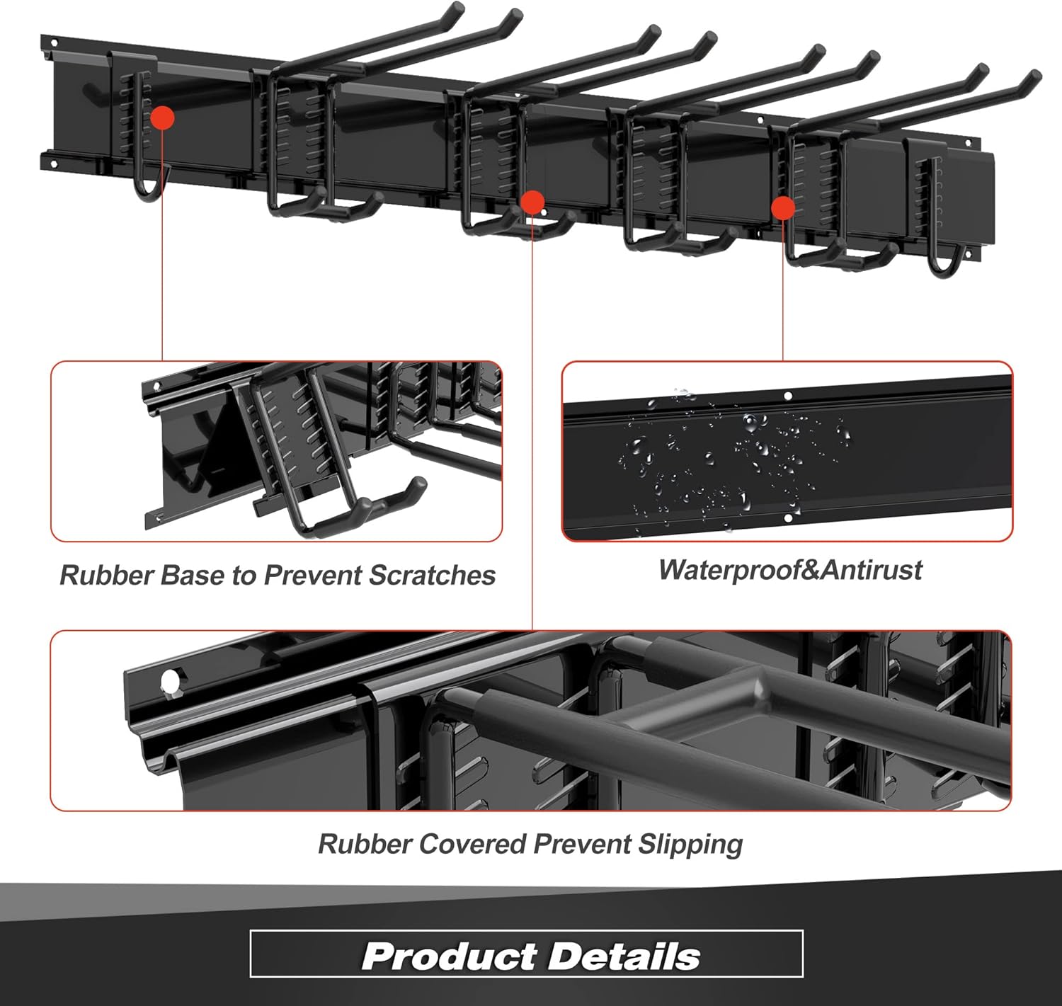 Garage Tool Storage Rack, Heavy Duty Garage Storage Organizer Rack System Wall Mounted Tool with 6 double hooks, 2 rails, Garden Yard Tools Hanger Rack for Ski Gears, Broom, Rake,Shovel