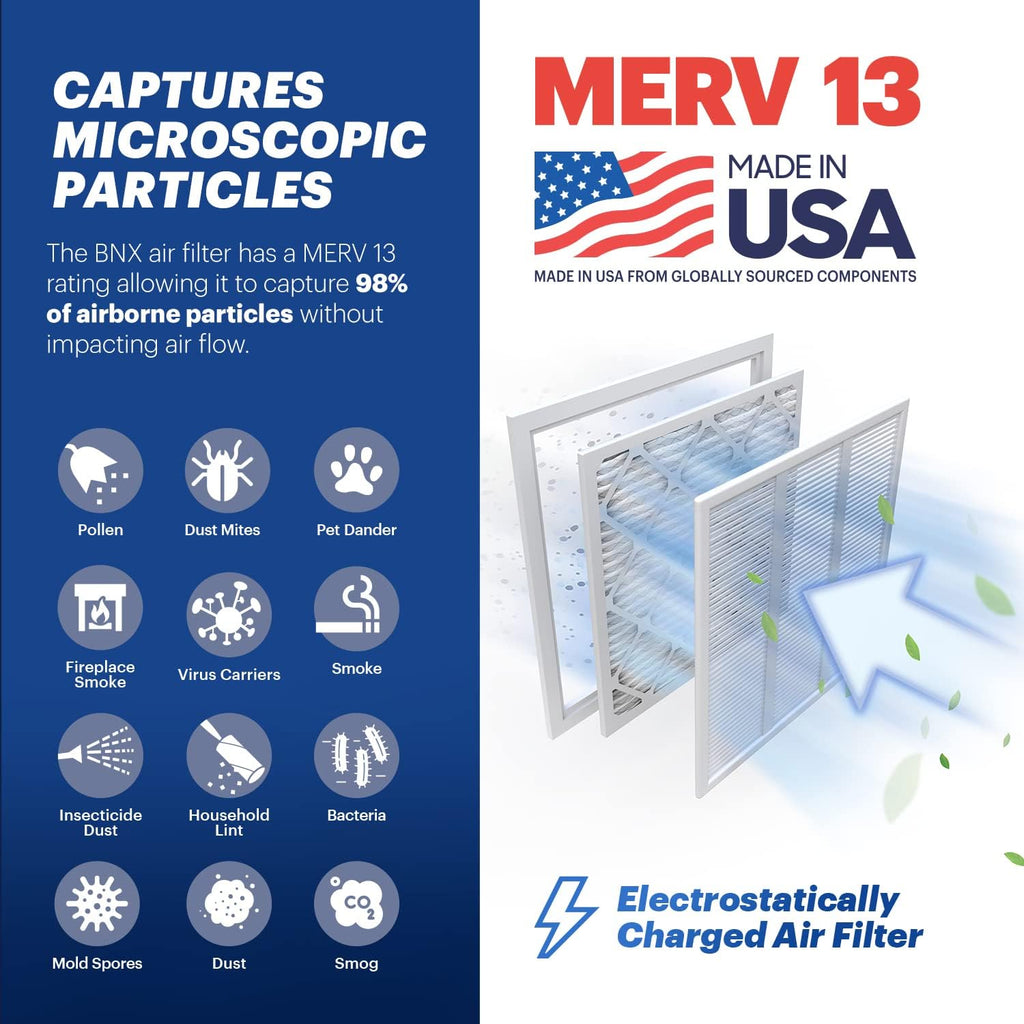 BNX TruFilter 16x20x1 Air Filter MERV 13 (4-Pack) - MADE IN USA - Electrostatic Pleated Air Conditioner HVAC AC Furnace Filters for Allergies, Pollen, Mold, Bacteria, Smoke, Allergen, MPR 1900 FPR 10