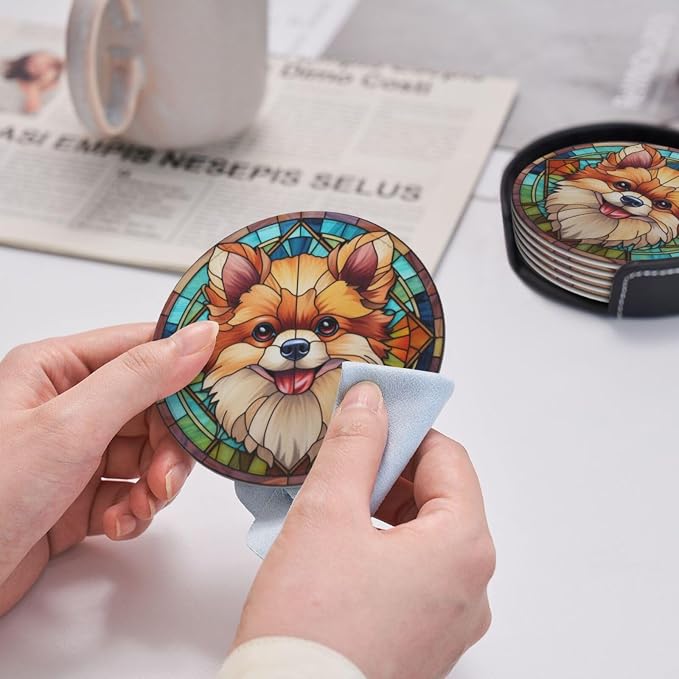 Drink Coaster Set of 6, Pomeranian Dog Mom Lover Gift, Leather Drink Coasters - Image 7