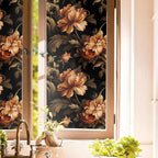 Vintage Dark Black Orange Brown Peony Florals Stained Glass Window Films by Unknown