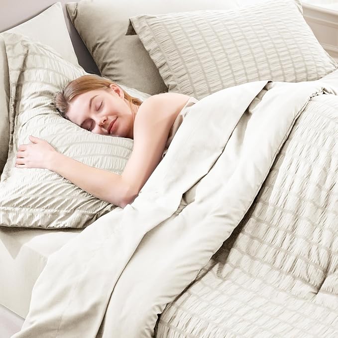 CozyLux Oversized Queen Comforter Set Beige Seersucker 7 Pieces 98x98 Bed in a - Image 5