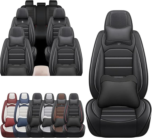 JOJ Car Seat Cover Fit for Toyota Highlander 2001-2025,7 Seat Car Seat Cover,No-Slip Waterproof Breathable Faux Leather Automotive Seat Covers Auto Interior Covers,Full Set with Pillow,Black