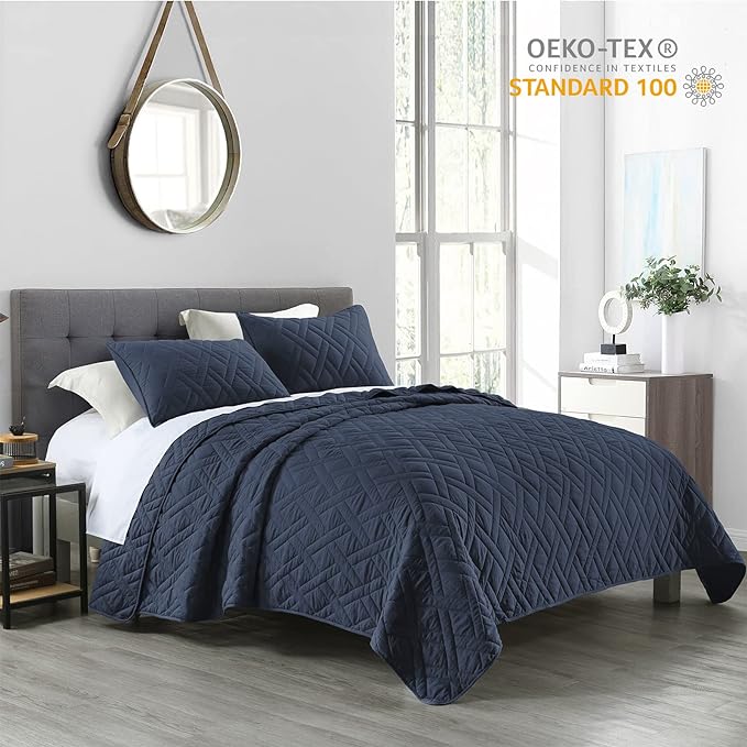 HORIMOTE HOME Quilt Set Twin Size Navy Blue, Classic Geometric Diamond Stitched - Image 2