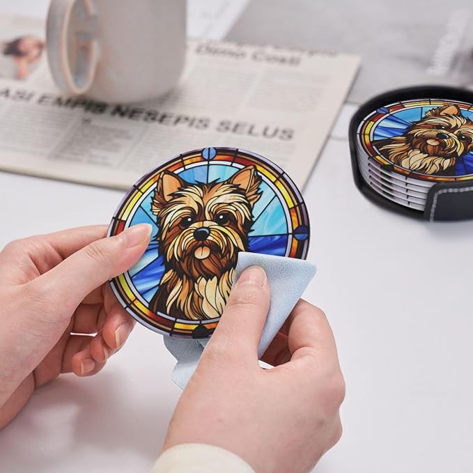 Drink Coaster Set of 6, Yorkshire Terrier Dog Mom Lover Gift, Leather Drink - Image 7