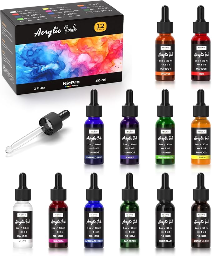 Nicpro 12 Colors Acrylic Ink for Artists, 1-oz Bottle by Nicpro