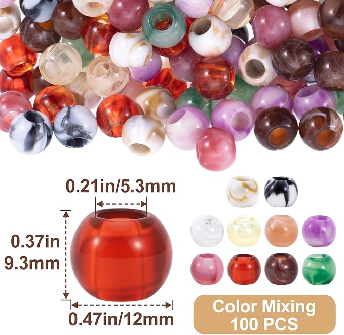 Pndeyo 100pcs Round Acrylic Beads, Large Hole Hair Beads, Mixed Color | 12mm - Image 2