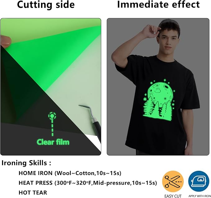 HTVVETUR Glow in The Dark HTV Heat Transfer Vinyl Roll 12 Inch by 5 Feet Iron - Image 5