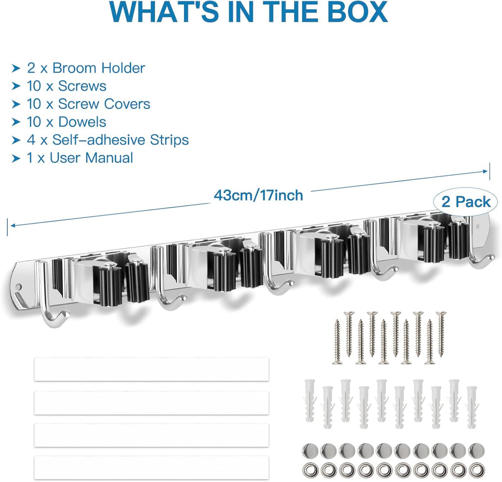 IMILLET 2 Broom Holder Wall Mounted, Stainless Steel Broom Mop Holder Self Adhesive Heavy Duty Hooks Storage Organizer for Home Laundry Room Garden Garage Closet Kitchen（4 Racks with 5 Hooks）