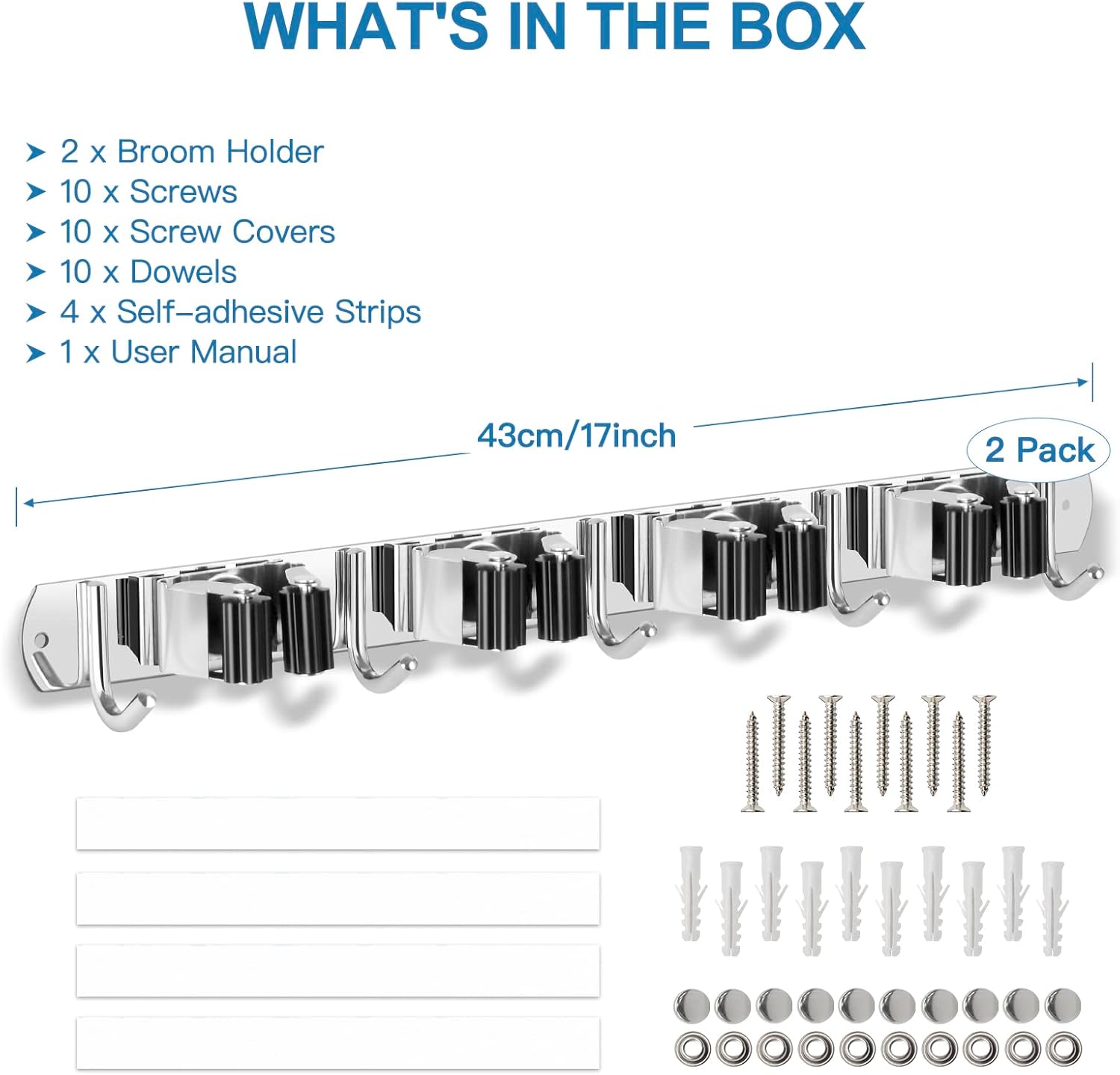 IMILLET 2 Broom Holder Wall Mounted, Stainless Steel Broom Mop Holder Self Adhesive Heavy Duty Hooks Storage Organizer for Home Laundry Room Garden Garage Closet Kitchen（4 Racks with 5 Hooks）