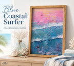 Framed Pink Beach Canvas Wall Art, Pastel Surfing Painting Picture Wall Decor - Image 2