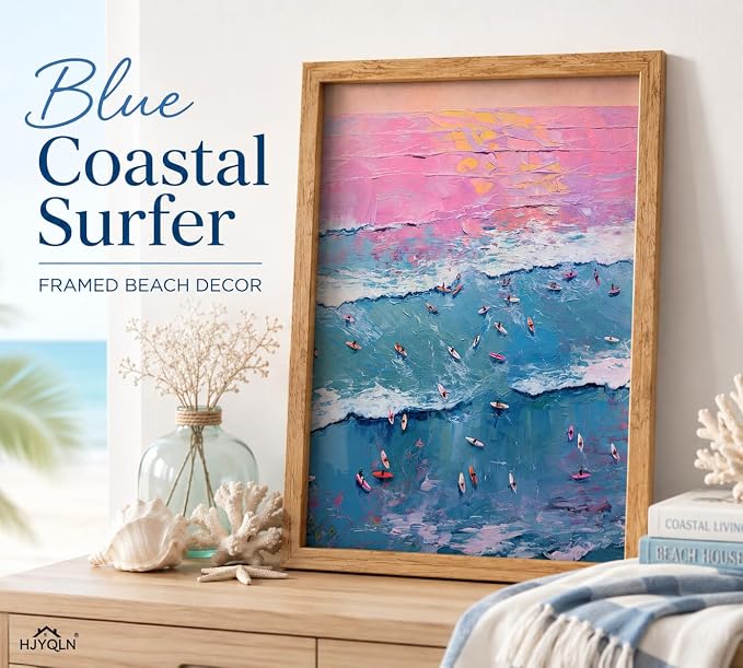 Framed Surfing Beach Canvas Wall Art, Pastel Ocean Sunset Painting Picture Wall - Image 3