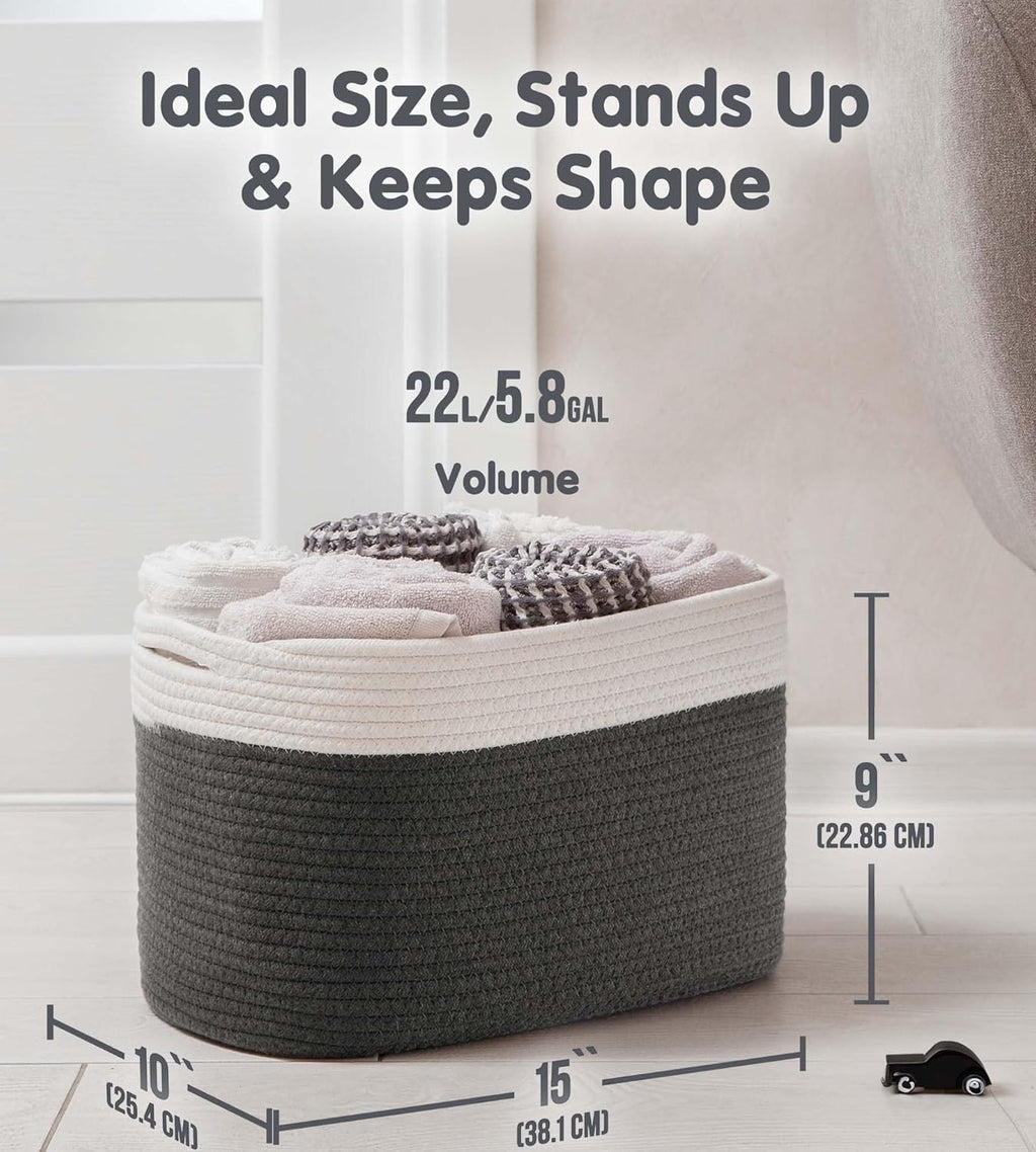 CHAT BLANC Cotton Rope Baskets for Organizing | Storage Baskets for Shelves | Rope Basket for Storage, Small Laundry Baskets, Woven Baskets for Storage, Dog Toy Bin, Baby Basket, White&Graphite 3 Pack