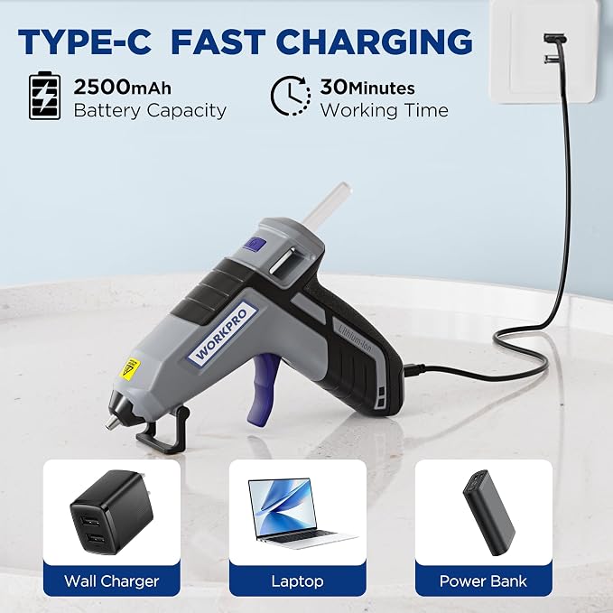 WORKPRO 3.6V Cordless Hot Glue Gun, Fast Preheating, Smart Power-Off, USB-C - Image 4