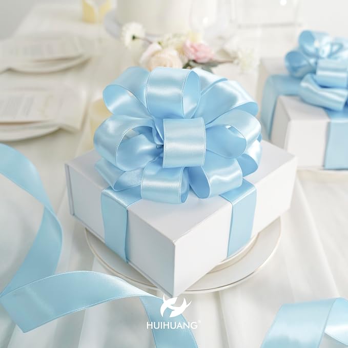 HUIHUANG Baby Blue Satin Wired Ribbon 1-1/2 inch Blue Wire Edge Ribbon - Image 3