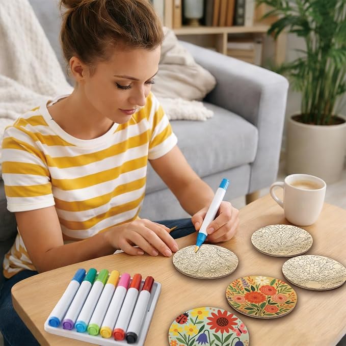 26PCS Wood Coasters Craft Kit 10 Paint You Own Coaster - Image 6