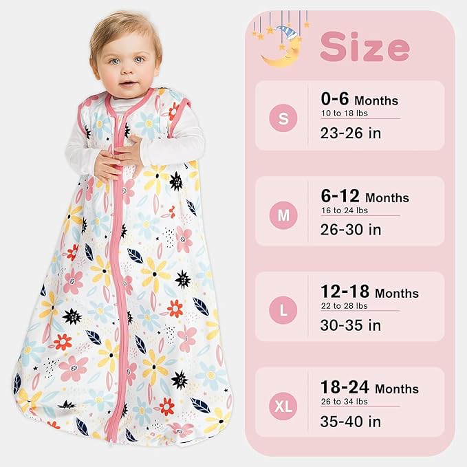 3 Pack Baby Sleep Sack 12-18 Months 100% Rayon Cotton Baby Sleeping Bag 2-Way Zipper Toddler Wearable Blankets Comfy Stretchy Lightweight TOG 0.3 （Heart&Pink&Floral）