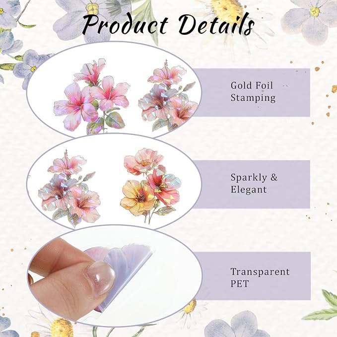 30 PCS Sparkly Flower Stickers Clear Glitter Floral Stickers Holographic PET - Image 3