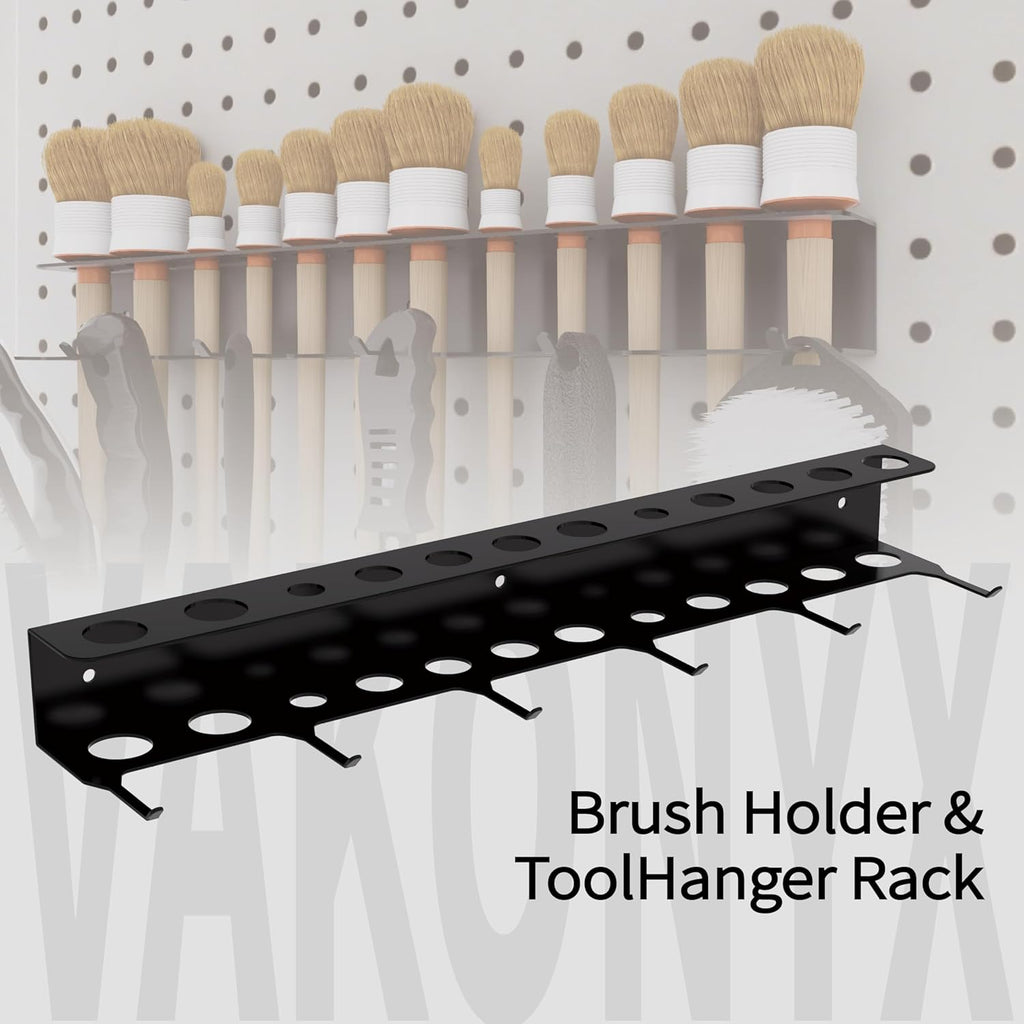Wall Mount Brush Holder & Tool Hanger Rack for Garage, Detailing Organizer with Mounting Hardware - Holds 12 Brushes + Hooks for Towels & Tools