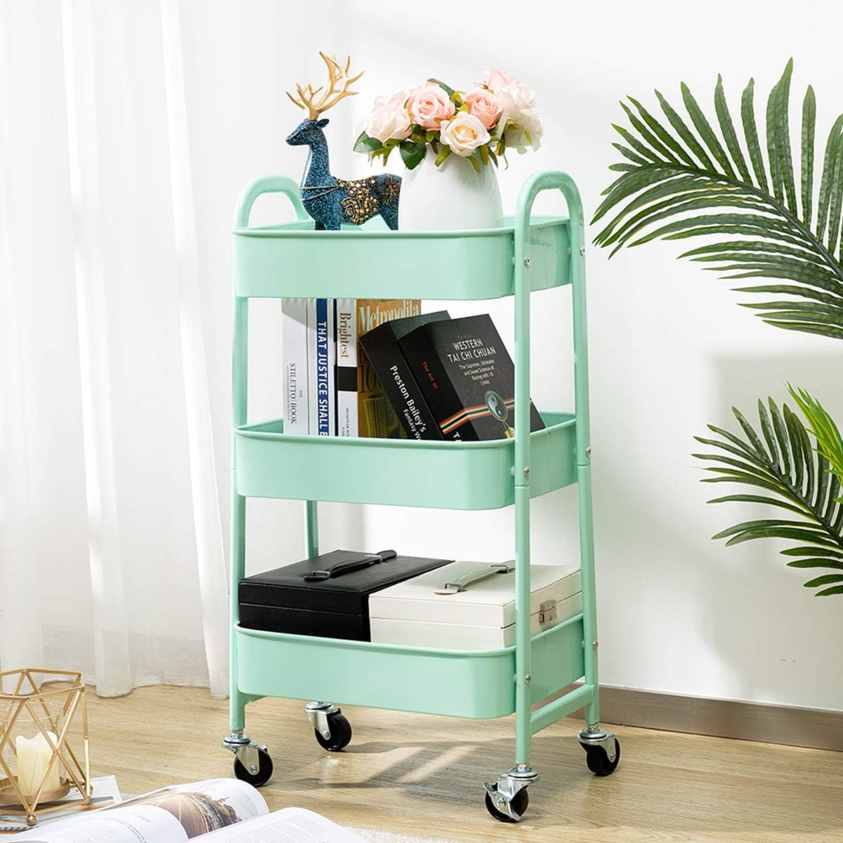 AGTEK Makeup Cart, Movable Rolling Organizer Cart, Macaron Blue 3 Tier Metal Utility Cart