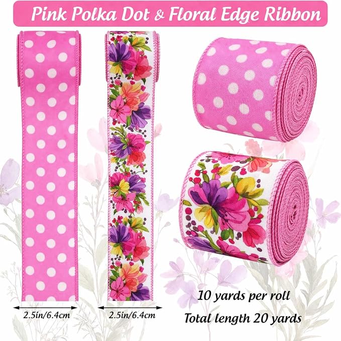 2 Rolls Spring Summer Pink Floral Wired Ribbon, 20 Yards White Dot and Colorful - Image 3