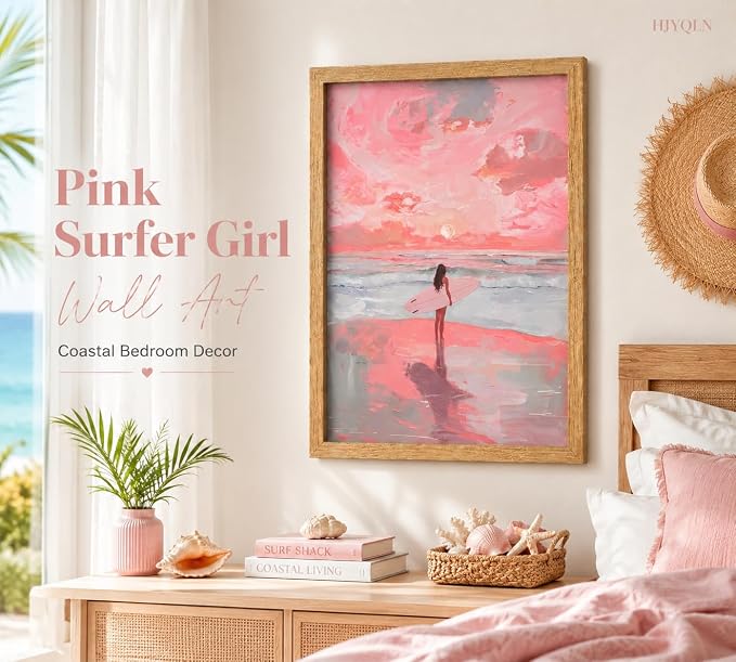 Framed Pink Surfer Girl Canvas Wall Art, Sunset Pink Seascape - Image 2