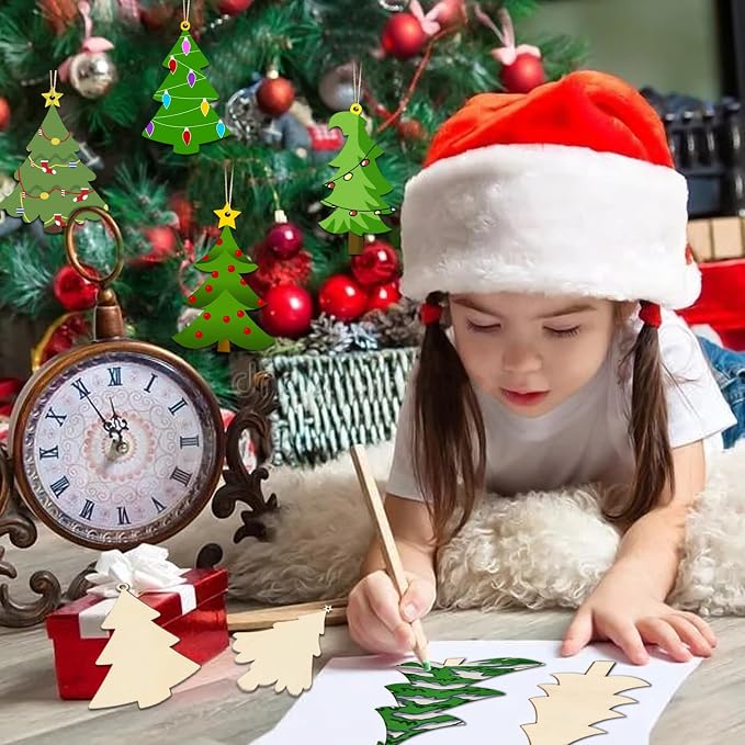 48Pcs Unfinished Paintable Blank Wooden Christmas Tree Festival Decoration - Image 4