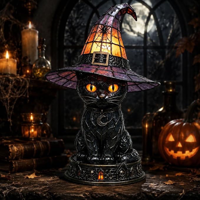Resin Black Cat Witch Hat Table Lamp by Unknown