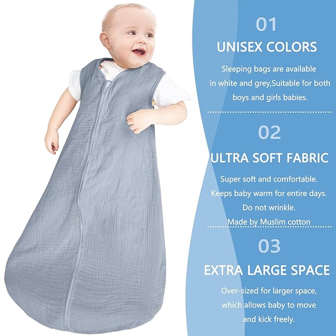 2 Pack Baby Sleep Sack 18-24 Months 100% Organic Cotton Muslin Baby Sleeping Bag 2-Way Zipper Toddler Wearable Blankets Comfy Stretchy Thin Sleep Sacks