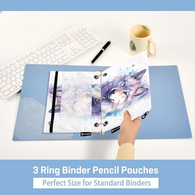 Wolf Watercolor Pencil Pouch for 3 Ring Binder, 2 Pack Waterproof Pencil Bags - Image 4