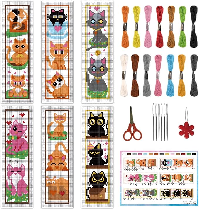 INFUNLY 6 Set Cat Cross Stitch Bookmark Kits Carton Kitten DIY Cross Stitch Kit by INFUNLY