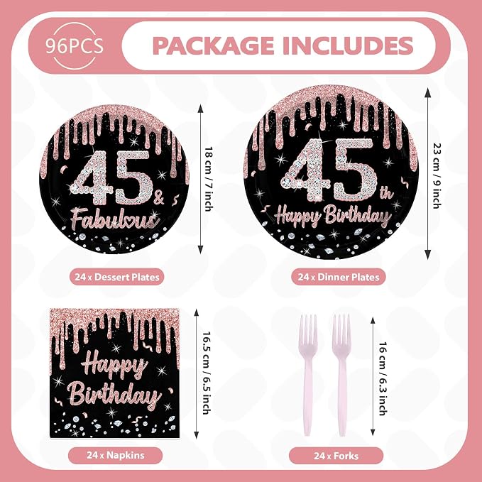 96 Pcs 45th Birthday Party Decorations Rose Gold and Black Happy 45th Birthday - Image 2