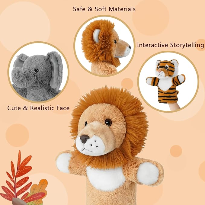 4 PCS 11 Inch Animal Hand Puppet Set Soft Realistic Wild Plush Puppets Toys - Image 3
