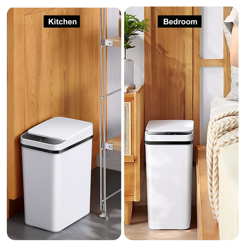 Yatmung 2 Pack - 2.5 Gallon Smart Trash Can Sensor Motion Slim Touchless Bathroom Trash Can - Skinny Trash Bin with Lid - Electric, Narrow, Plastic, Auto Open - Small Automatic Garbage Can (White)