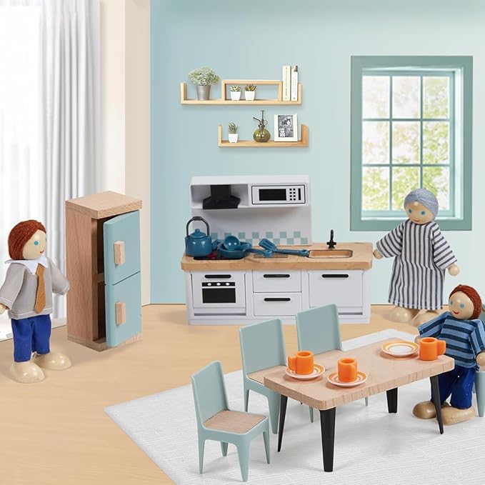 Giant bean 36pcs Wooden Dollhouse Furniture Set 5 Rooms 4 Family Dolls - Image 4