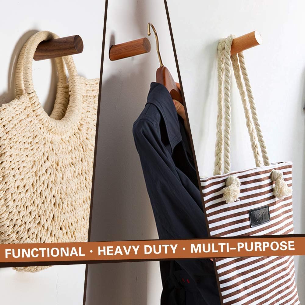 Wood Wall Hooks, 4 Pack Coat Hooks Wall Mounted, Rustic Wooden Heavy Duty Robe Hook Hat Rack, Hooks for Hanging Bathroom Towels Clothes Hanger (Walnut Wood)